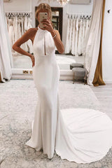 Aimishang Elegant Simple White Halter Open Back Long Wedding Dress