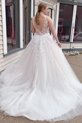 Aimishang Elegant White A-Line Tulle Sparkly White Wedding Dress with Appliques