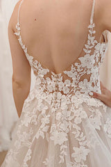Aimishang Elegant Glitter Ivory A-Line Spaghetti Straps Long Wedding Dress with Appliques