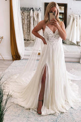 Aimishang Elegant Ivory A-Line Watteau Train Boho Long Chiffon Wedding Dress with Lace