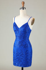 Sparkly Royal Blue Sequins Spaghetti Straps Tight Short Homecoming Dress