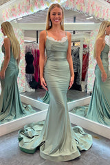 Mermaid Scoop Neck Sage Green Satin Long Prom Dresses