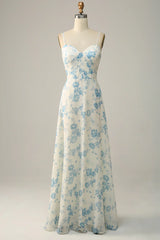 Spaghetti Straps White Blue Flower Floral Long Bridesmaid Dress