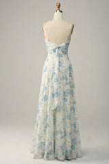 Spaghetti Straps White Blue Flower Floral Long Bridesmaid Dress