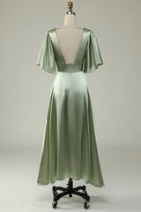 A Line Deep V Neck Bridesmaid Dress With Half Sleeves