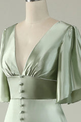 A Line Deep V Neck Bridesmaid Dress With Half Sleeves