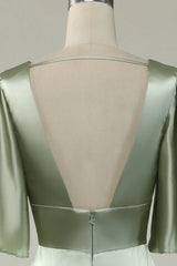 A Line Deep V Neck Bridesmaid Dress With Half Sleeves