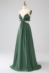 Spaghetti Straps Ruffles Hollow-Out Long Bridesmaid Dress