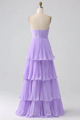 A-Line Sweetheart Tiered Chiffon Long Bridesmaid Dress With Pleated