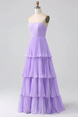 A-Line Sweetheart Tiered Chiffon Long Bridesmaid Dress With Pleated
