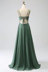 A-Line Spaghetti Straps Backless Pleated Long Bridesmaid Dress