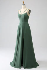 A-Line Spaghetti Straps Backless Pleated Long Bridesmaid Dress