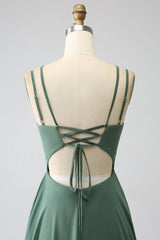A-Line Spaghetti Straps Backless Pleated Long Bridesmaid Dress