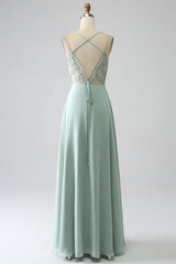 A-Line Spaghetti Straps Backless Pleated Long Bridesmaid Dress