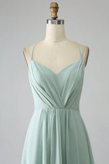 A-Line Spaghetti Straps Backless Pleated Long Bridesmaid Dress