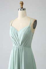 A-Line Spaghetti Straps Backless Pleated Long Bridesmaid Dress