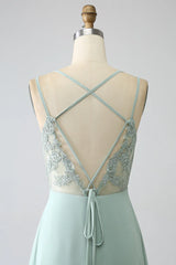 A-Line Spaghetti Straps Backless Pleated Long Bridesmaid Dress