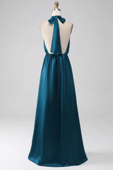 A-Line Halter Neck Long Bridesmaid Dress With Slit