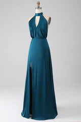 A-Line Halter Neck Long Bridesmaid Dress With Slit