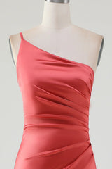 Sheath One Shoulder Floor-Length Pleated Satin Bridesmaid Dress
