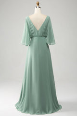Batwing Sleeves Long Chiffon Bridesmaid Dress With Slit