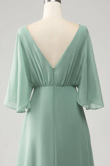 Batwing Sleeves Long Chiffon Bridesmaid Dress With Slit