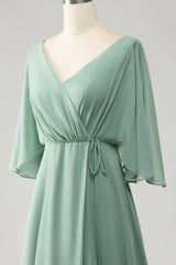 Batwing Sleeves Long Chiffon Bridesmaid Dress With Slit
