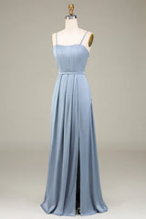 A-Line Spaghetti Straps Satin Long Bridesmaid Dress