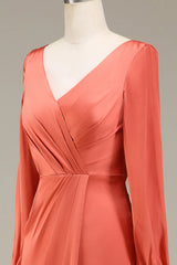 A-Line V-Neck Satin Bridesmaid Dress With Slit