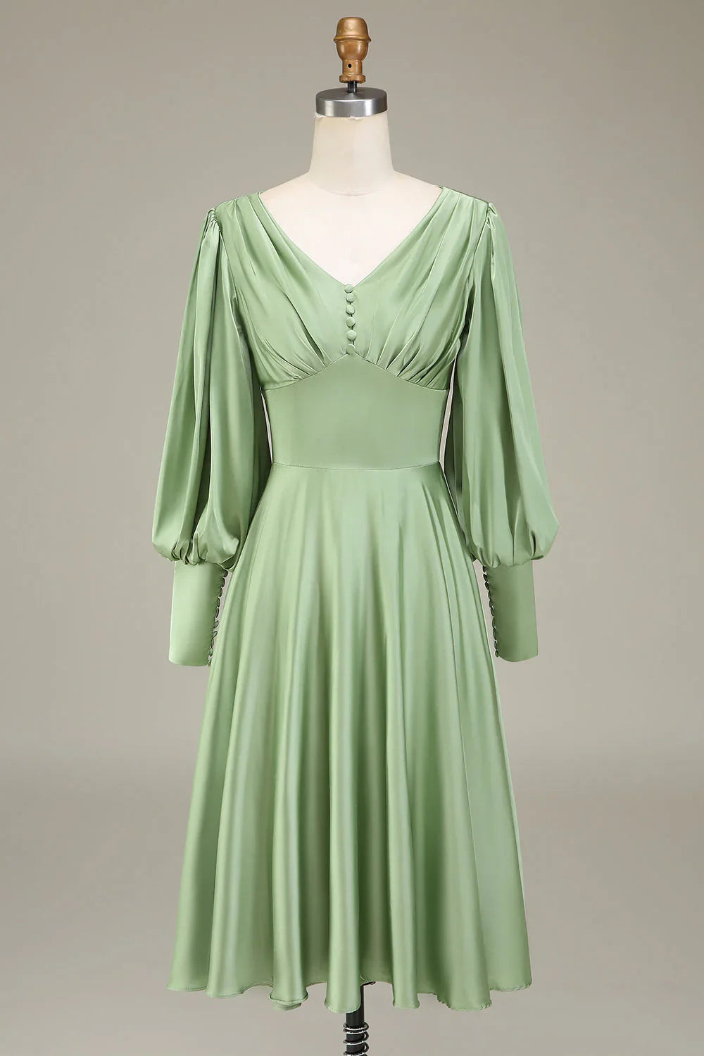 A-Line V-Neck Satin Bridesmaid Dress With Long Sleeves