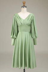 A-Line V-Neck Satin Bridesmaid Dress With Long Sleeves