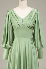 A-Line V-Neck Satin Bridesmaid Dress With Long Sleeves