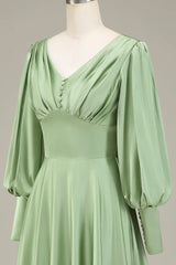 A-Line V-Neck Satin Bridesmaid Dress With Long Sleeves