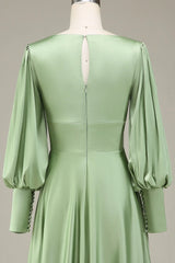 A-Line V-Neck Satin Bridesmaid Dress With Long Sleeves