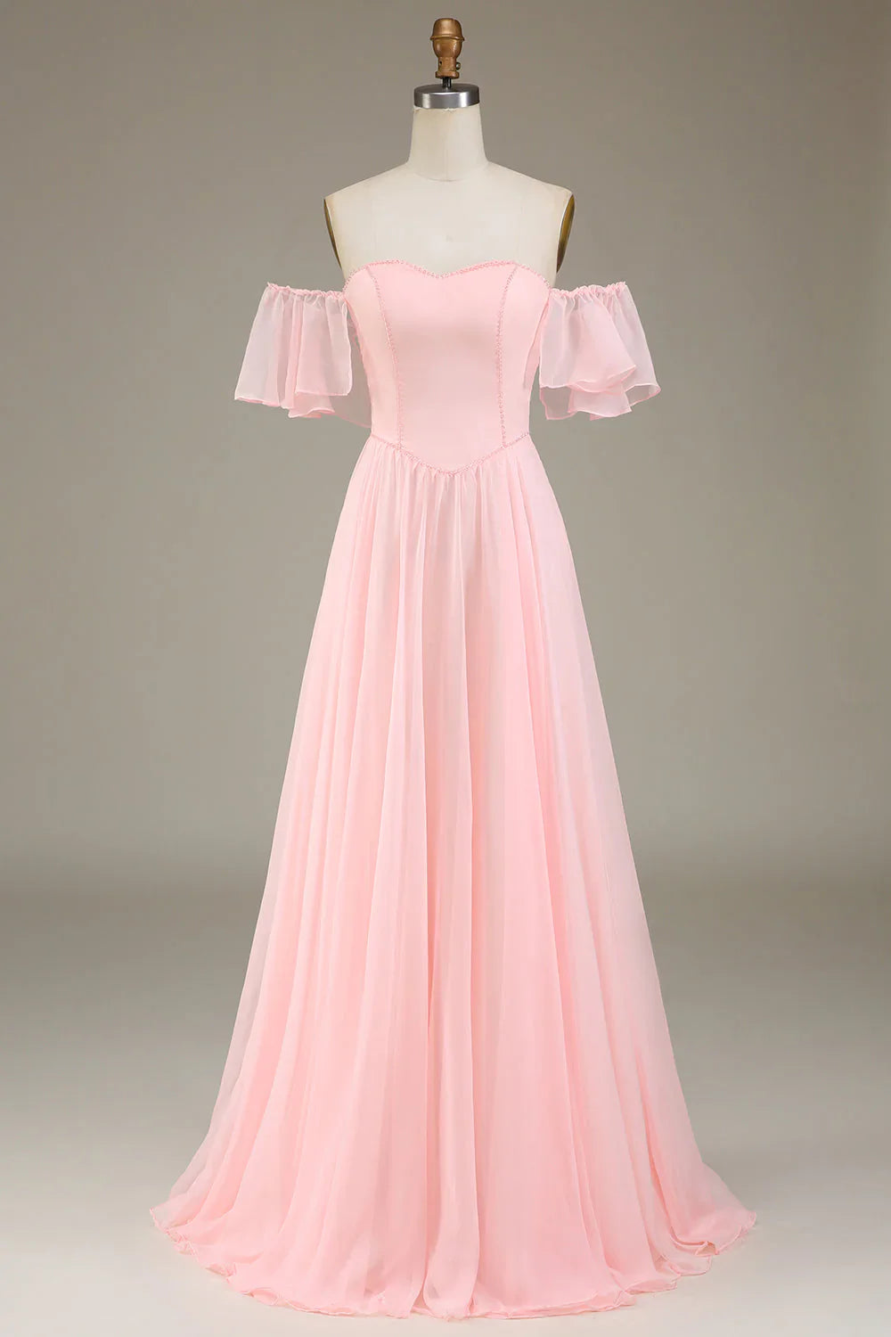 A-Line Off The Shoulder Chiffon Blush Pink Long Bridesmaid Dress
