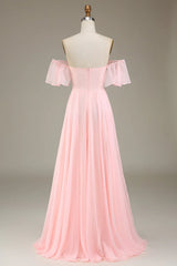 A-Line Off The Shoulder Chiffon Blush Pink Long Bridesmaid Dress