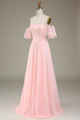 A-Line Off The Shoulder Chiffon Blush Pink Long Bridesmaid Dress