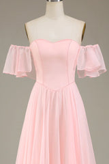 A-Line Off The Shoulder Chiffon Blush Pink Long Bridesmaid Dress