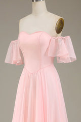 A-Line Off The Shoulder Chiffon Blush Pink Long Bridesmaid Dress