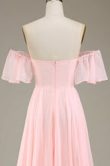 A-Line Off The Shoulder Chiffon Blush Pink Long Bridesmaid Dress