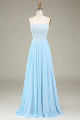 A-Line Spaghetti Straps Chiffon Long Bridesmaid Dress With Beading
