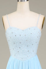 A-Line Spaghetti Straps Chiffon Long Bridesmaid Dress With Beading