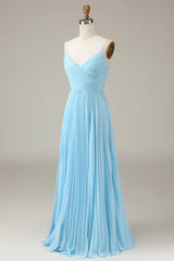 Spaghetti Straps V-Neck A-Line Pleated Chiffon Bridesmaid Dress