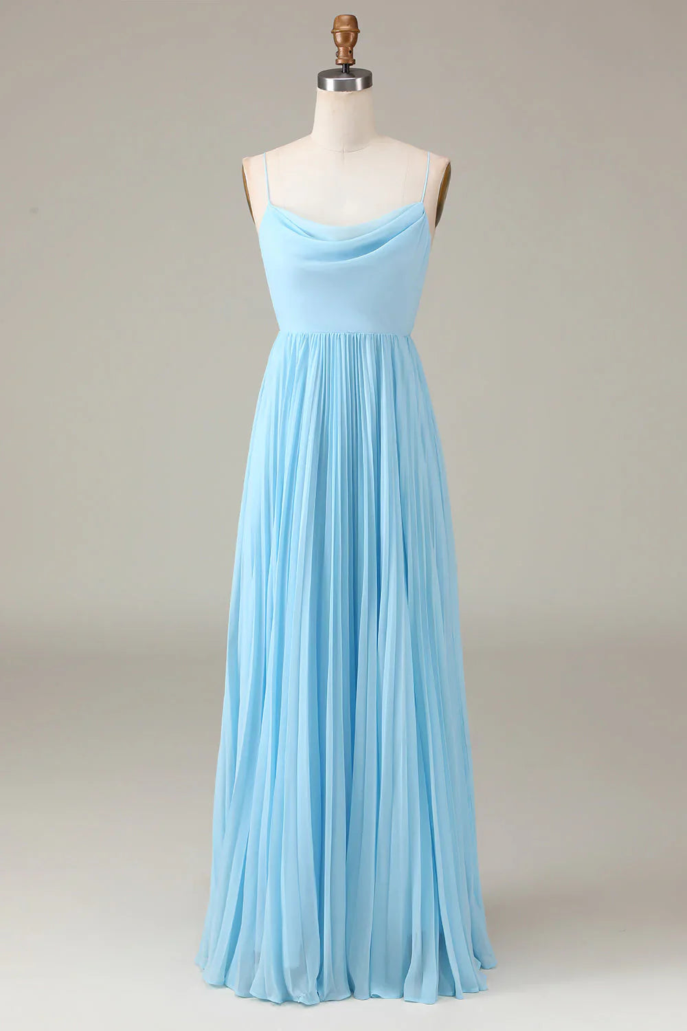 Spaghetti Straps Cowl Neck Pleated Open Back A-Line Chiffon Bridesmaid Dress
