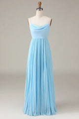 Spaghetti Straps Cowl Neck Pleated Open Back A-Line Chiffon Bridesmaid Dress
