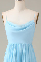 Spaghetti Straps Cowl Neck Pleated Open Back A-Line Chiffon Bridesmaid Dress