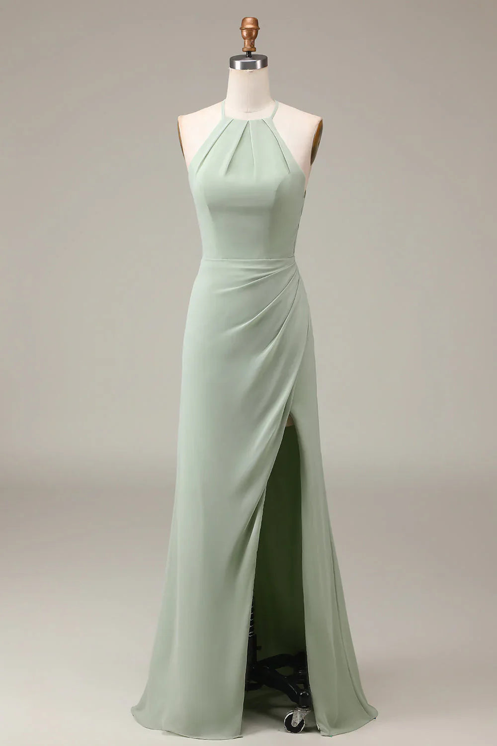 Halter Neck Sheath Pleated Bridesmaid Dress With Slit