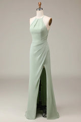 Halter Neck Sheath Pleated Bridesmaid Dress With Slit
