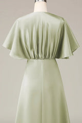 V-Neck Short Sleeves A-Line Satin Bridesmaid Dress