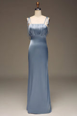 Spaghetti Straps Sheath Satin Pleated Bridesmaid Dress